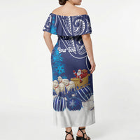 New Zealand Christmas In July Personalised Off Shoulder Maxi Dress Funny Santa Sheep Meri Kirihimete Blue LT14 - Polynesian Pride