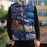New Zealand Christmas In July Personalised Sleeveless Puffer Jacket Funny Santa Sheep Meri Kirihimete Blue