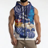 New Zealand Christmas In July Personalised Sleeveless Zip Hoodie Funny Santa Sheep Meri Kirihimete Blue