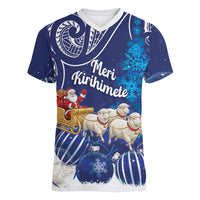 New Zealand Christmas In July Personalised Women V-Neck T-Shirt Funny Santa Sheep Meri Kirihimete Blue