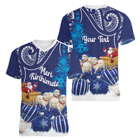 New Zealand Christmas In July Personalised Women V-Neck T-Shirt Funny Santa Sheep Meri Kirihimete Blue