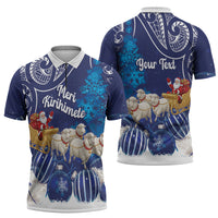 New Zealand Christmas In July Personalised Zipper Polo Shirt Funny Santa Sheep Meri Kirihimete Blue