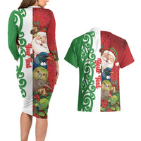 Meri Kirihimete New Zealand Personalised Couples Matching Long Sleeve Bodycon Dress and Hawaiian Shirt Cute Santa NZ Animals and Pohutukawa