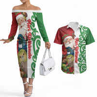 Meri Kirihimete New Zealand Personalised Couples Matching Off The Shoulder Long Sleeve Dress and Hawaiian Shirt Cute Santa NZ Animals and Pohutukawa LT14 Red - Polynesian Pride