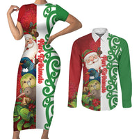 Meri Kirihimete New Zealand Personalised Couples Matching Short Sleeve Bodycon Dress and Long Sleeve Button Shirt Cute Santa NZ Animals and Pohutukawa