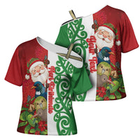 Meri Kirihimete New Zealand Personalised Cross Shoulder Shirt Cute Santa NZ Animals and Pohutukawa