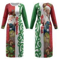 Meri Kirihimete New Zealand Personalised Family Matching Long Sleeve Bodycon Dress and Hawaiian Shirt Cute Santa NZ Animals and Pohutukawa LT14 Mom's Dress Red - Polynesian Pride