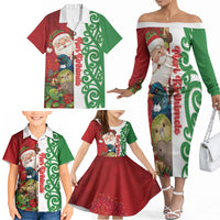 Meri Kirihimete New Zealand Personalised Family Matching Off The Shoulder Long Sleeve Dress and Hawaiian Shirt Cute Santa NZ Animals and Pohutukawa LT14 - Polynesian Pride