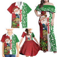 Meri Kirihimete New Zealand Personalised Family Matching Off Shoulder Maxi Dress and Hawaiian Shirt Cute Santa NZ Animals and Pohutukawa