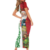 Meri Kirihimete New Zealand Personalised Family Matching Short Sleeve Bodycon Dress and Hawaiian Shirt Cute Santa NZ Animals and Pohutukawa