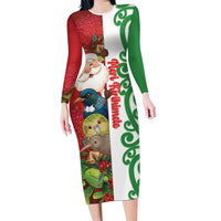 Meri Kirihimete New Zealand Personalised Long Sleeve Bodycon Dress Cute Santa NZ Animals and Pohutukawa