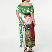 Meri Kirihimete New Zealand Personalised Off Shoulder Maxi Dress Cute Santa NZ Animals and Pohutukawa LT14 - Polynesian Pride