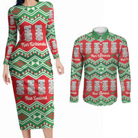 New Zealand Christmas In July Couples Matching Long Sleeve Bodycon Dress and Long Sleeve Button Shirt Meri Kirihimete Hei Tiki Taniko Motifs Seamless LT14 Red - Polynesian Pride