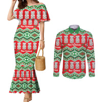 New Zealand Christmas In July Couples Matching Mermaid Dress and Long Sleeve Button Shirt Meri Kirihimete Hei Tiki Taniko Motifs Seamless