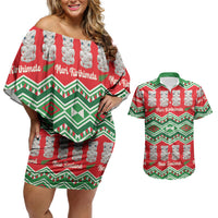 New Zealand Christmas In July Couples Matching Off Shoulder Short Dress and Hawaiian Shirt Meri Kirihimete Hei Tiki Taniko Motifs Seamless LT14 Red - Polynesian Pride