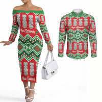 New Zealand Christmas In July Couples Matching Off The Shoulder Long Sleeve Dress and Long Sleeve Button Shirt Meri Kirihimete Hei Tiki Taniko Motifs Seamless LT14 Red - Polynesian Pride