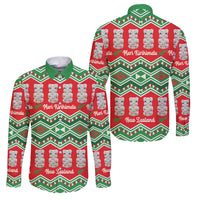 New Zealand Christmas In July Family Matching Off Shoulder Maxi Dress and Hawaiian Shirt Meri Kirihimete Hei Tiki Taniko Motifs Seamless LT14 Dad's Shirt - Long Sleeve Red - Polynesian Pride