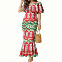 New Zealand Christmas In July Mermaid Dress Meri Kirihimete Hei Tiki Taniko Motifs Seamless LT14 Women Red - Polynesian Pride
