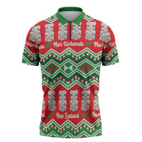 New Zealand Christmas In July Zipper Polo Shirt Meri Kirihimete Hei Tiki Taniko Motifs Seamless LT14 Red - Polynesian Pride