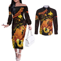Papua New Guinea Independence Day Couples Matching Off The Shoulder Long Sleeve Dress and Long Sleeve Button Shirt 50th Anniversary Papua Niu Gini Bird Of Paradise LT14