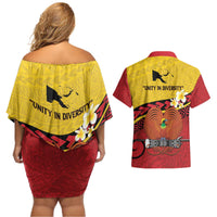 Papua New Guinea Independence Day Couples Matching Off Shoulder Short Dress and Hawaiian Shirt Since 1975 Unity In Diversity
