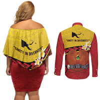 Papua New Guinea Independence Day Couples Matching Off Shoulder Short Dress and Long Sleeve Button Shirt Since 1975 Unity In Diversity