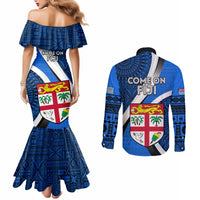 Fiji Rugby Couples Matching Mermaid Dress and Long Sleeve Button Shirts World Cup 2023 Go Champions Fijian Tapa Blue Version LT14 - Polynesian Pride