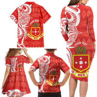 Personalised Kolisi Tonga Family Matching Long Sleeve Bodycon Dress and Hawaiian Shirt Mate Maa Tonga Ngatu Pattern - Polynesian Pride