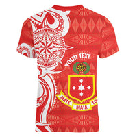 Personalised Kolisi Tonga Women V-Neck T-Shirt Mate Maa Tonga Ngatu Pattern - Polynesian Pride