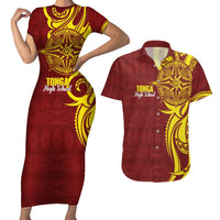 Personalised Tonga High School Couples Matching Short Sleeve Bodycon Dress and Hawaiian Shirt THS Tongan Ngatu Pattern - Polynesian Pride