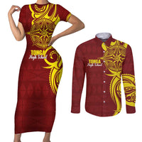 Personalised Tonga High School Couples Matching Short Sleeve Bodycon Dress and Long Sleeve Button Shirt THS Tongan Ngatu Pattern - Polynesian Pride