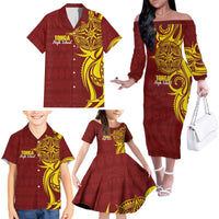Personalised Tonga High School Family Matching Off The Shoulder Long Sleeve Dress and Hawaiian Shirt THS Tongan Ngatu Pattern - Polynesian Pride