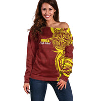 Personalised Tonga High School Off Shoulder Sweater THS Tongan Ngatu Pattern - Polynesian Pride