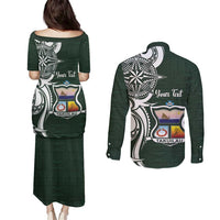 Personalised Tonga Takuilau College Couples Matching Puletasi and Long Sleeve Button Shirt Est 1975 Tongan Ngatu Pattern - Polynesian Pride