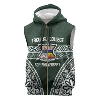 Personalised Tonga Takuilau College Sleeveless Zip Hoodie 50th Anniversary Ngatu Kupesi LT14 Green - Polynesian Pride