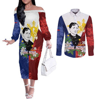 Philippines Rizal Day Couples Matching Off The Shoulder Long Sleeve Dress and Long Sleeve Button Shirt Filipino Sampaguita Grunge Style - Polynesian Pride