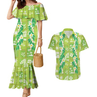 Aloha Hawaii Tuberose Lei Couples Matching Mermaid Dress and Hawaiian Shirt Tropical Vibes Green Color - Polynesian Pride