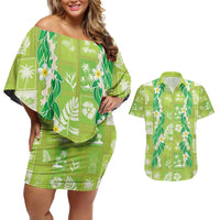 Aloha Hawaii Tuberose Lei Couples Matching Off Shoulder Short Dress and Hawaiian Shirt Tropical Vibes Green Color - Polynesian Pride