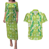 Aloha Hawaii Tuberose Lei Couples Matching Puletasi and Hawaiian Shirt Tropical Vibes Green Color - Polynesian Pride