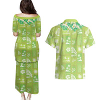 Aloha Hawaii Tuberose Lei Couples Matching Puletasi and Hawaiian Shirt Tropical Vibes Green Color - Polynesian Pride