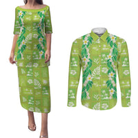 Aloha Hawaii Tuberose Lei Couples Matching Puletasi and Long Sleeve Button Shirt Tropical Vibes Green Color - Polynesian Pride