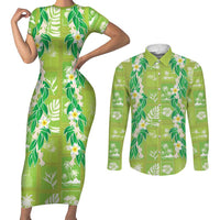 Aloha Hawaii Tuberose Lei Couples Matching Short Sleeve Bodycon Dress and Long Sleeve Button Shirt Tropical Vibes Green Color - Polynesian Pride