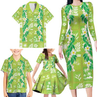 Aloha Hawaii Tuberose Lei Family Matching Long Sleeve Bodycon Dress and Hawaiian Shirt Tropical Vibes Green Color - Polynesian Pride