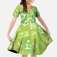 Aloha Hawaii Tuberose Lei Family Matching Off The Shoulder Long Sleeve Dress and Hawaiian Shirt Tropical Vibes Green Color - Polynesian Pride