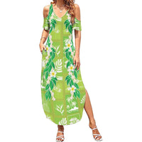 Aloha Hawaii Tuberose Lei Family Matching Summer Maxi Dress and Hawaiian Shirt Tropical Vibes Green Color - Polynesian Pride