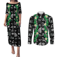 Aloha Hawaii Tuberose Lei Couples Matching Puletasi and Long Sleeve Button Shirt Tropical Vibes Black Color - Polynesian Pride