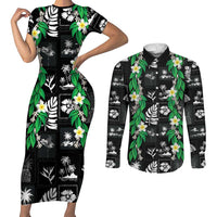 Aloha Hawaii Tuberose Lei Couples Matching Short Sleeve Bodycon Dress and Long Sleeve Button Shirt Tropical Vibes Black Color - Polynesian Pride