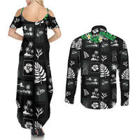 Aloha Hawaii Tuberose Lei Couples Matching Summer Maxi Dress and Long Sleeve Button Shirt Tropical Vibes Black Color - Polynesian Pride