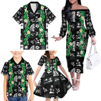 Aloha Hawaii Tuberose Lei Family Matching Off The Shoulder Long Sleeve Dress and Hawaiian Shirt Tropical Vibes Black Color - Polynesian Pride