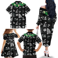 Aloha Hawaii Tuberose Lei Family Matching Off The Shoulder Long Sleeve Dress and Hawaiian Shirt Tropical Vibes Black Color - Polynesian Pride
